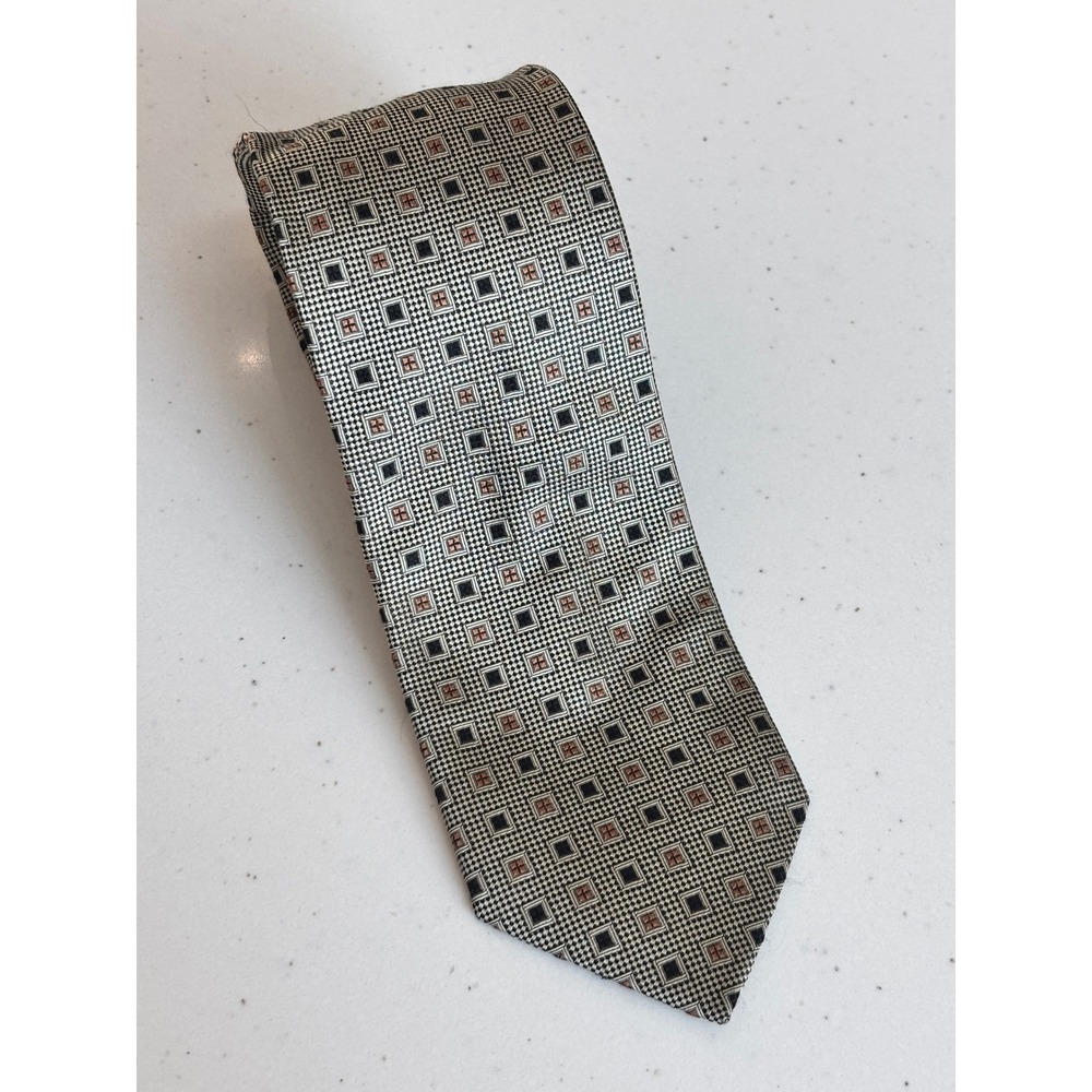 Peacock Handmade Pure Silk Tie Silver Black Copper Geometric Square Pattern Mens